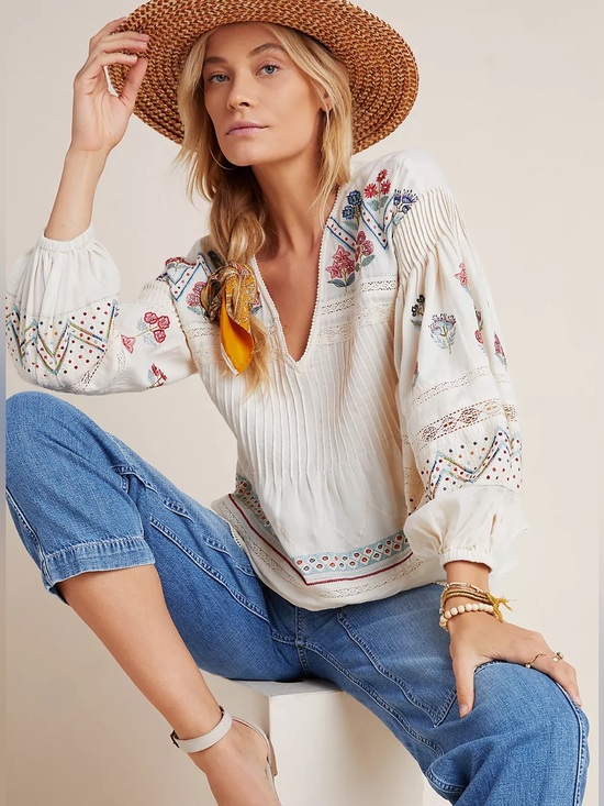 Anthropologie Tops - Women's Embroidered White Peasant Blouse